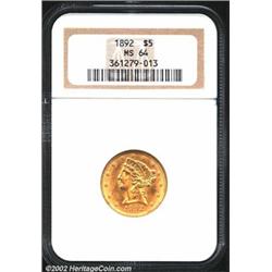 1892 $5 MS64 NGC. Well struck except for the arrow feathers. A bright and lustrous near-Gem with an.