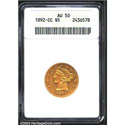 1892-CC $5 AU50 ANACS. An attractive example of this common Carson City Half Eagle. Numerous light a