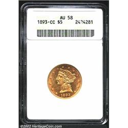 1893-CC $5 AU58 ANACS. A lustrous example that has hints of ruby-red color at the margins. The cheek