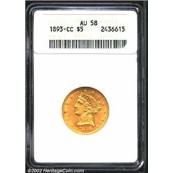 1893-CC $5 AU58 ANACS. A modestly circulated example of the final year in which the Half Eagle was s