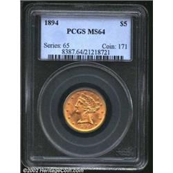 1894 $5 MS64 PCGS. A lustrous near-Gem with a gorgeously preserved reverse, while the obverse also h