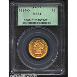 1894-O $5 MS61 PCGS. Bright yellow-gold surfaces, with the reverse showing a moderate amount of refl