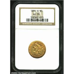 1894-S $5 AU55 NGC. The devices and legends are bathed in orange-gold luster. The eye appeal is good