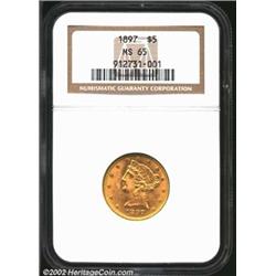 1897 $5 MS65 NGC. Closed 9 in date, entered low with the 1 much closer to the denticles than the bus