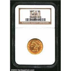 1897-S $5 MS61 NGC. A well struck example that has abundant bright luster on each side. Scarce in Mi