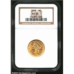 1898 $5 MS64 NGC. A lustrous near-Gem that is well struck except for the second star. A wispy die cr