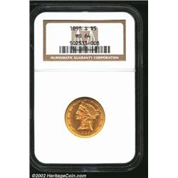 1898-S $5 MS64 NGC. A well struck near-Gem with good luster and an absence of individually discernib