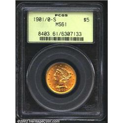 1901/0-S $5 MS61 PCGS. The fields have bright lemon-gold color. Well struck and only lightly abraded