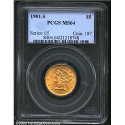 1901-S $5 MS64 PCGS. Fully struck and amazingly free from abrasions with just a hint of pale lilac p