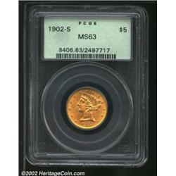 1902-S $5 MS63 PCGS. A flashy Half Eagle that has a bold strike in the centers, while most of the st