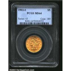 1902-S $5 MS64 PCGS. Very well struck with dappled orange highlights on each side. A few thin marks.