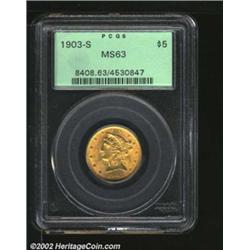1903-S $5 MS63 PCGS. Sharply struck in the centers, although a few stars are somewhat softly detaile