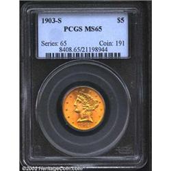 1903-S $5 MS65 PCGS. A lovely Gem that has flashy cartwheel luster and bright lemon-gold color. Lovi