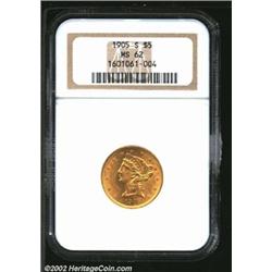 1905-S $5 MS62 NGC. A well struck and fully lustrous example that has a minor contact mark on the bu