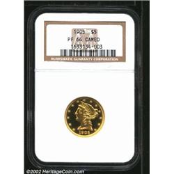 1905 $5 PR64 Cameo NGC. Repunching on the top of the 5 in the date distinguishes survivors of the si