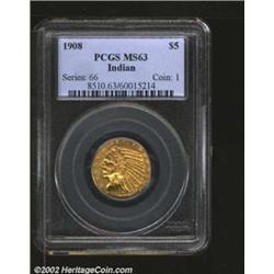 1908 $5 MS63 PCGS. A very attractive example destined for a type set. Excepting one or two stray mar