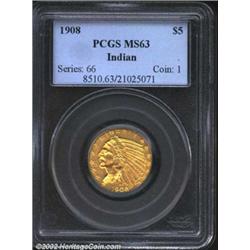 1908 $5 MS63 PCGS. A fresh and lustrous example of this first date in the Indian Head type Half Eagl
