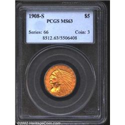 1908-S $5 MS63 PCGS. A pleasing example of this popular, low-mintage issue. The surfaces are patinat