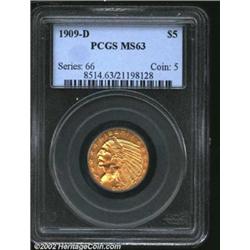 1909-D $5 MS63 PCGS. A nice looking, original type coin with a pronounced pink-gold color in the fie