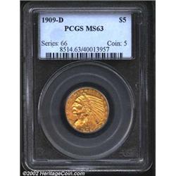 1909-D $5 MS63 PCGS. An impressive five for the grade, with strong details and satiny surfaces. A hi