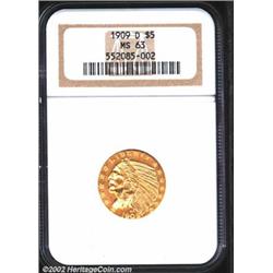 1909-D $5 MS63 NGC. Mild golden color rises from mint lustrous surfaces, on which a well-detailed st