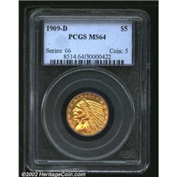 1909-D $5 MS64 PCGS. An attractive near-Gem that has radiant olive-gold surfaces. The mintmark is bo