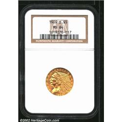 1909-D $5 MS64 NGC. A well struck near-Gem that is without any abrasions that remotely would require