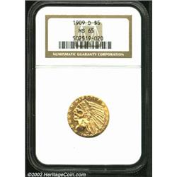 1909-D $5 MS65 NGC. A boldly struck Gem with clean surfaces and mildly prooflike fields. The fields.