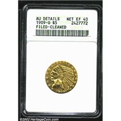 1909-O $5--Filed, Cleaned--ANACS. AU Details, Net XF40. Lightly polished, and the right obverse bord