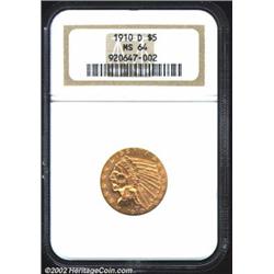 1910-D $5 MS64 NGC. Unlike the 1910-D Eagle, the Half Eagle is a scarce and overlooked issue. Only 1