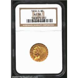 1910-S $5 AU58 NGC. The devices have little evidence of rub, but the reverse field is moderately abr