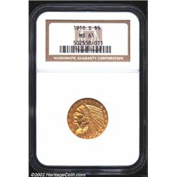 1910-S $5 MS61 NGC. The devices are boldly defined, while the mintmark is softly struck but legible.