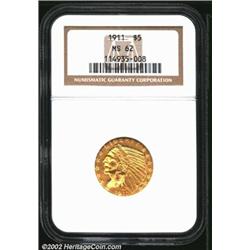 1911 $5 MS62 NGC. A bright and lustrous Half Eagle with a reasonable strike and a few trivial contac