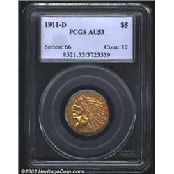 1911-D $5 AU53 PCGS. Lovely orange-gold color overlays both sides of this minimally rubbed survivor,