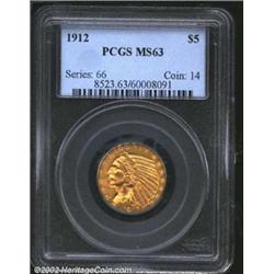1912 $5 MS63 PCGS. A whisper of toning obscures some of the luster, but the overall eye-appeal is un