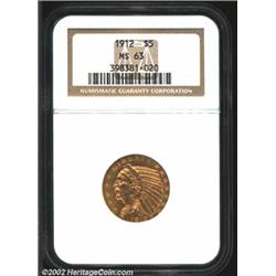 1912 $5 MS63 NGC. Sharply struck with original reddish-golden and gray surfaces. Important notice: W