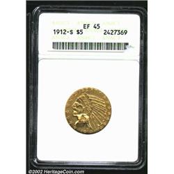 1912-S $5 XF45 ANACS. Nicely detailed for the grade. The mintmark is weak but legible. The reverse a