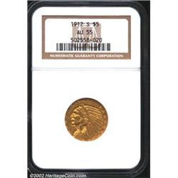 1912-S $5 AU55 NGC. The devices are softly struck, and the mintmark is a low relief blob. Traces of.
