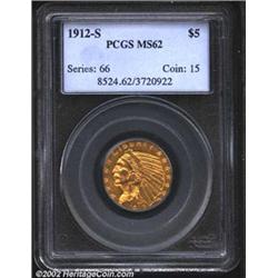 1912-S $5 MS62 PCGS. A typically struck example of this conditionally scarce issue, held back in gra