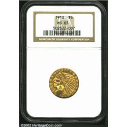 1913 $5 MS63 NGC. A lustrous example that has a deeper yellow-gold color within the devices than on.