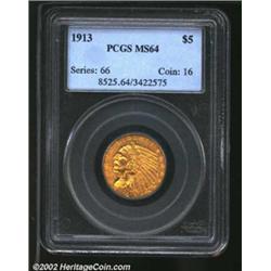 1913 $5 MS64 PCGS. An imposing near-Gem that has a seemingly pristine portrait and an exceptional st