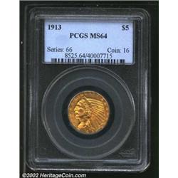 1913 $5 MS64 PCGS. A pleasing near-Gem that has rich honey-brown color. Boldly struck, as only the b