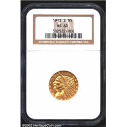 1913-S $5 MS60 NGC. Sharply struck, and the mintmark is well defined for the issue. The fields have.