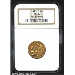 1913-S $5 MS62 NGC. Generally available in VF and XF grades, the 1913-S is a significant rarity in f