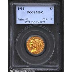 1914 $5 MS63 PCGS. A sharply struck example that has blushes of lilac color on the highpoints. A fai