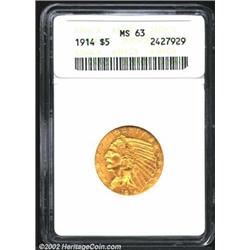 1914 $5 MS63 ANACS. Bright, even, yellow-gold surfaces with good luster characteristics. Minimally a
