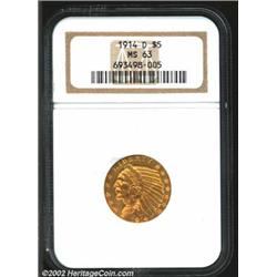 1914-D $5 MS63 NGC. Sharply defined throughout with pleasing orange-gold and olive coloration. Impor