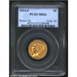 1914-S $5 MS62 PCGS. Well struck overall, the surfaces are bright and satiny with numerous small abr
