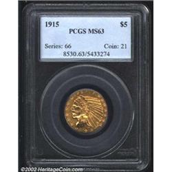 1915 $5 MS63 PCGS. Honey-gold patina is gently endowed on this lustrous example. The surfaces are pl