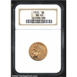 1915 $5 MS63 NGC. A lovely Half Eagle that has warm golden-brown patina on the devices. Sharply stru